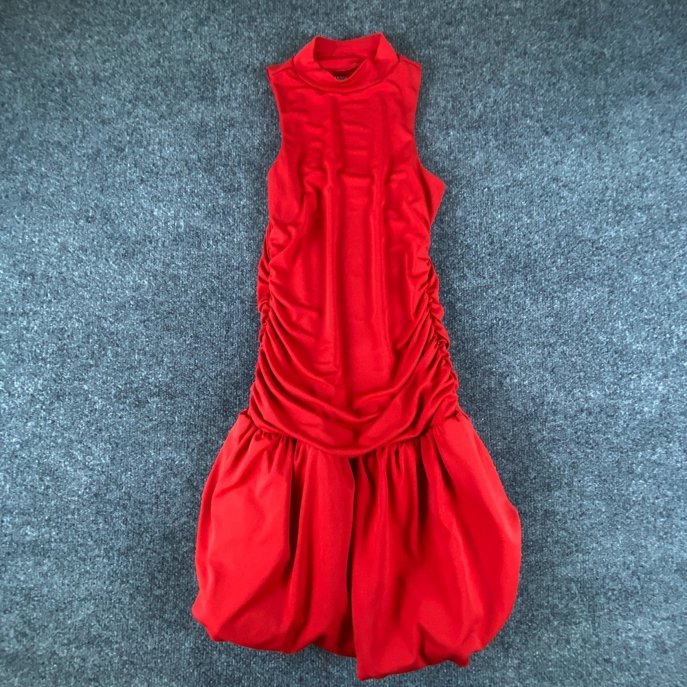 Madden NYC Mini Dress Womens 2XS Red Bubble Hem Ruched Sleeveless Mock Neck